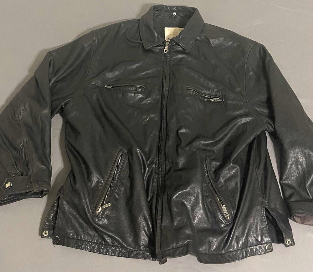London Fog Mens XL Black Genuine Leather Jacket Full Zip Fleece Lined Moto Coat